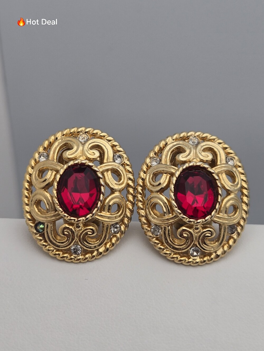 Vendome Coro Gold Tone Filigree Ruby Red Crystal Clip-On Earrings 1 1/8''